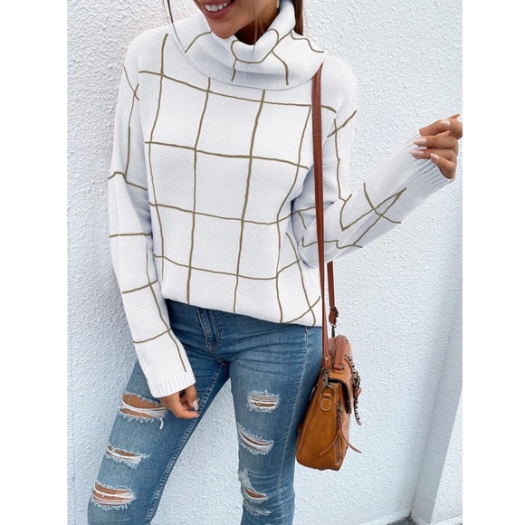 Rouge! White and Tan Grid Turtleneck Sweater - Picture 6 of 7